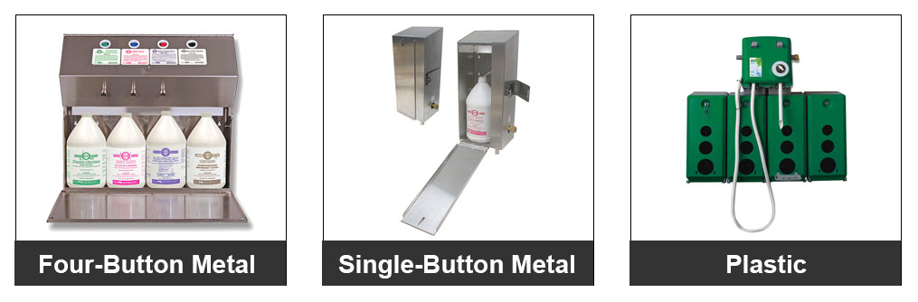 left to right: Four Button Metal Dispenser, Single Button Metal Dispenser, and Plastic Dispenser